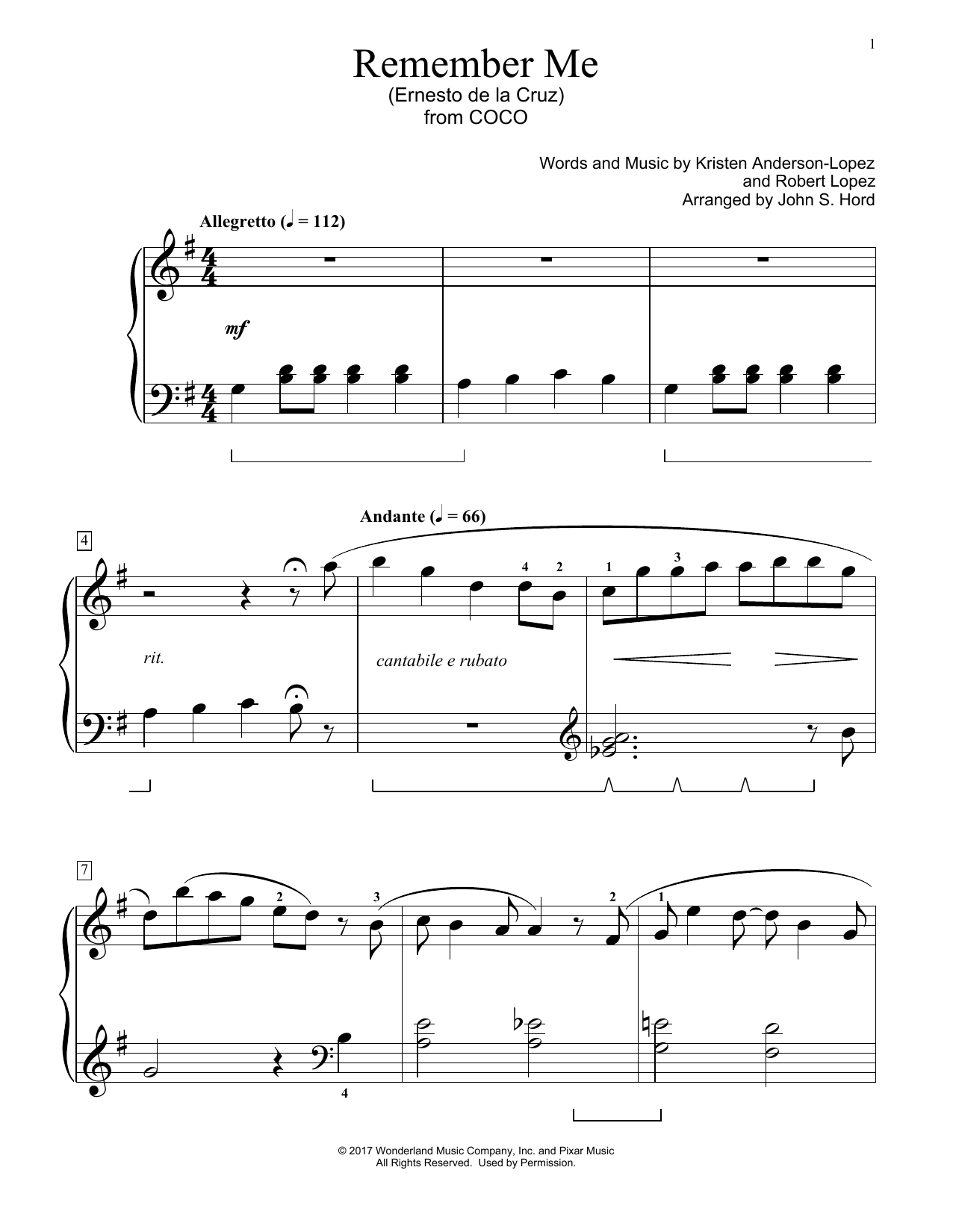 Download Kristen Anderson-Lopez & Robert Lopez Remember Me (Ernesto de la Cruz) (from Coco) (arr. John S. Hord) Sheet Music and learn how to play Educational Piano PDF digital score in minutes