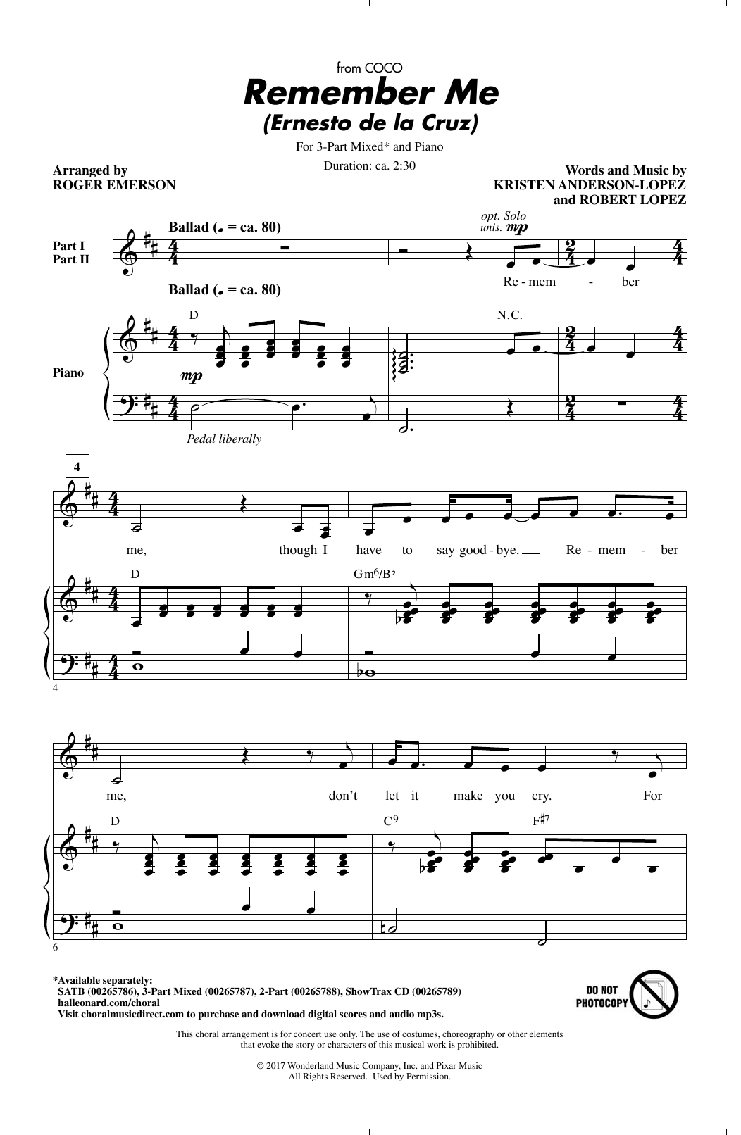 Download Roger Emerson Remember Me (Ernesto de la Cruz) Sheet Music and learn how to play 2-Part Choir PDF digital score in minutes