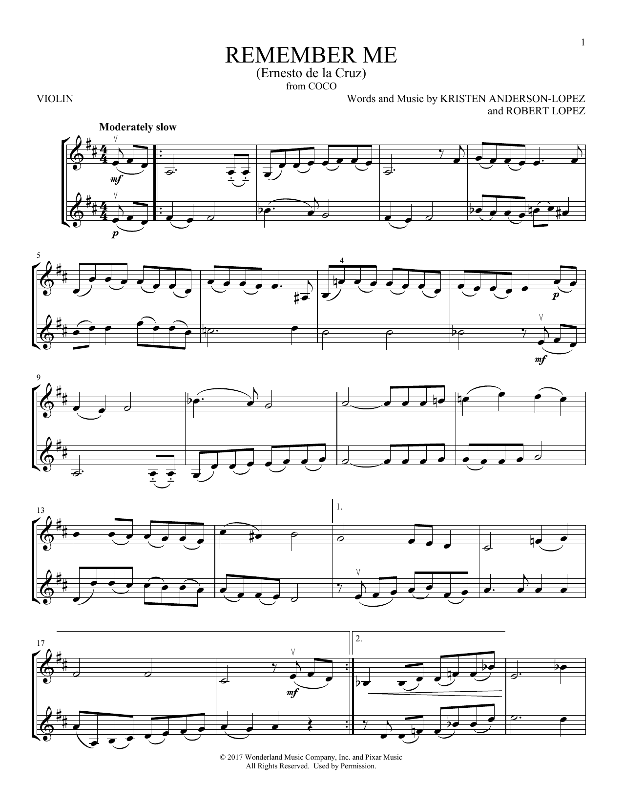Download Kristen Anderson-Lopez & Robert Lopez Remember Me (Ernesto de la Cruz) (from Disney's Coco) Sheet Music and learn how to play Violin Duet PDF digital score in minutes