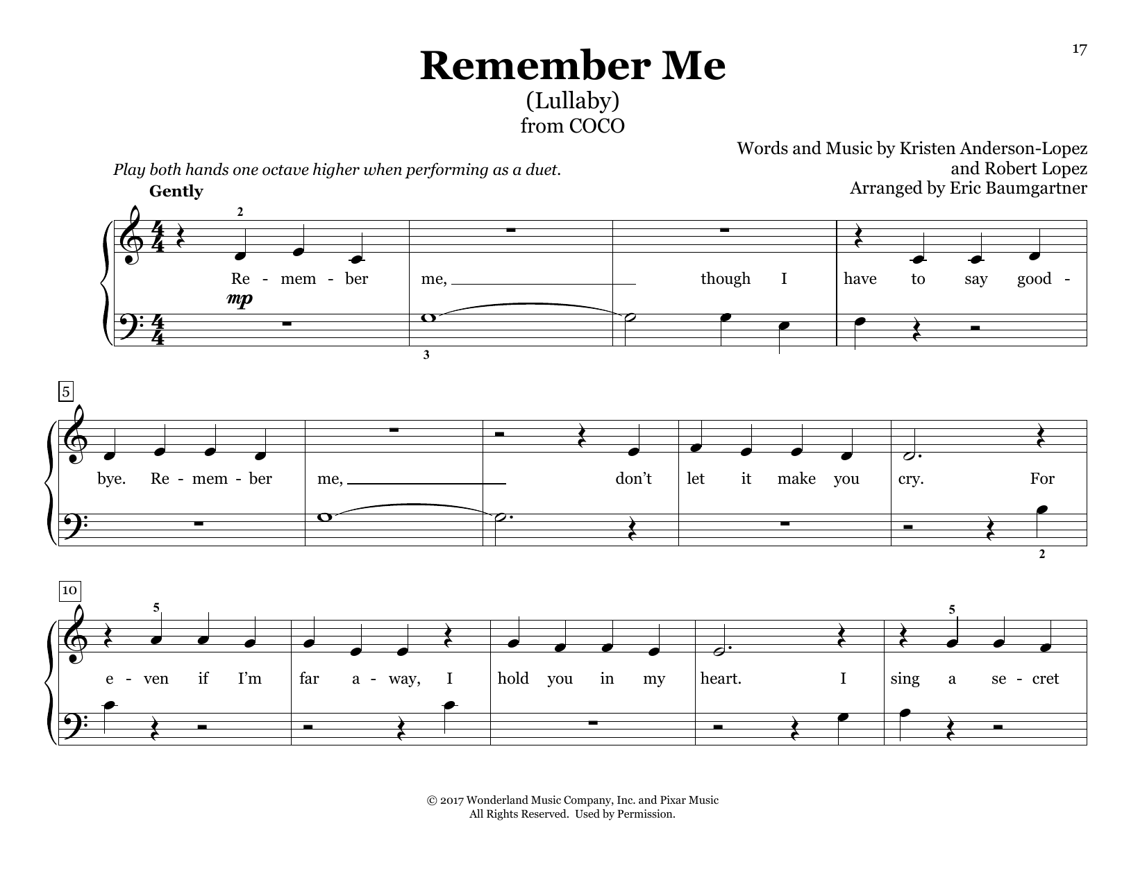 Download Kristen Anderson-Lopez & Robert Lopez Remember Me (Lullaby) (from Coco) (arr. Eric Baumgartner) Sheet Music and learn how to play Piano Duet PDF digital score in minutes