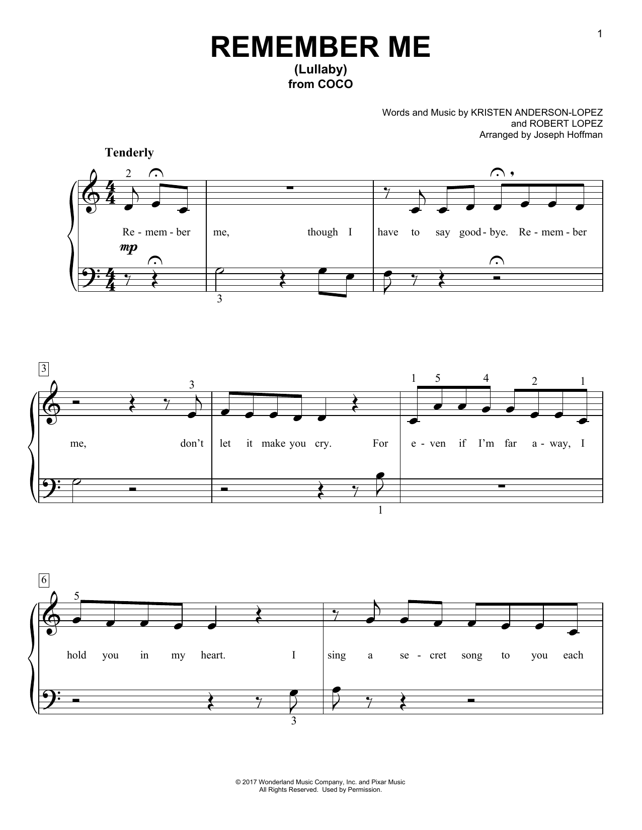 Download Kristen Anderson-Lopez & Robert Lopez Remember Me (Lullaby) (from Coco) (arr. Joseph Hoffman) Sheet Music and learn how to play Easy Piano PDF digital score in minutes