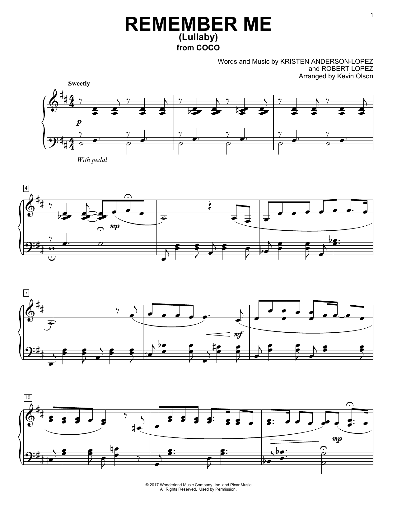 Download Kristen Anderson-Lopez & Robert Lopez Remember Me (Lullaby) (from Coco) (arr. Kevin Olson) Sheet Music and learn how to play Easy Piano Solo PDF digital score in minutes