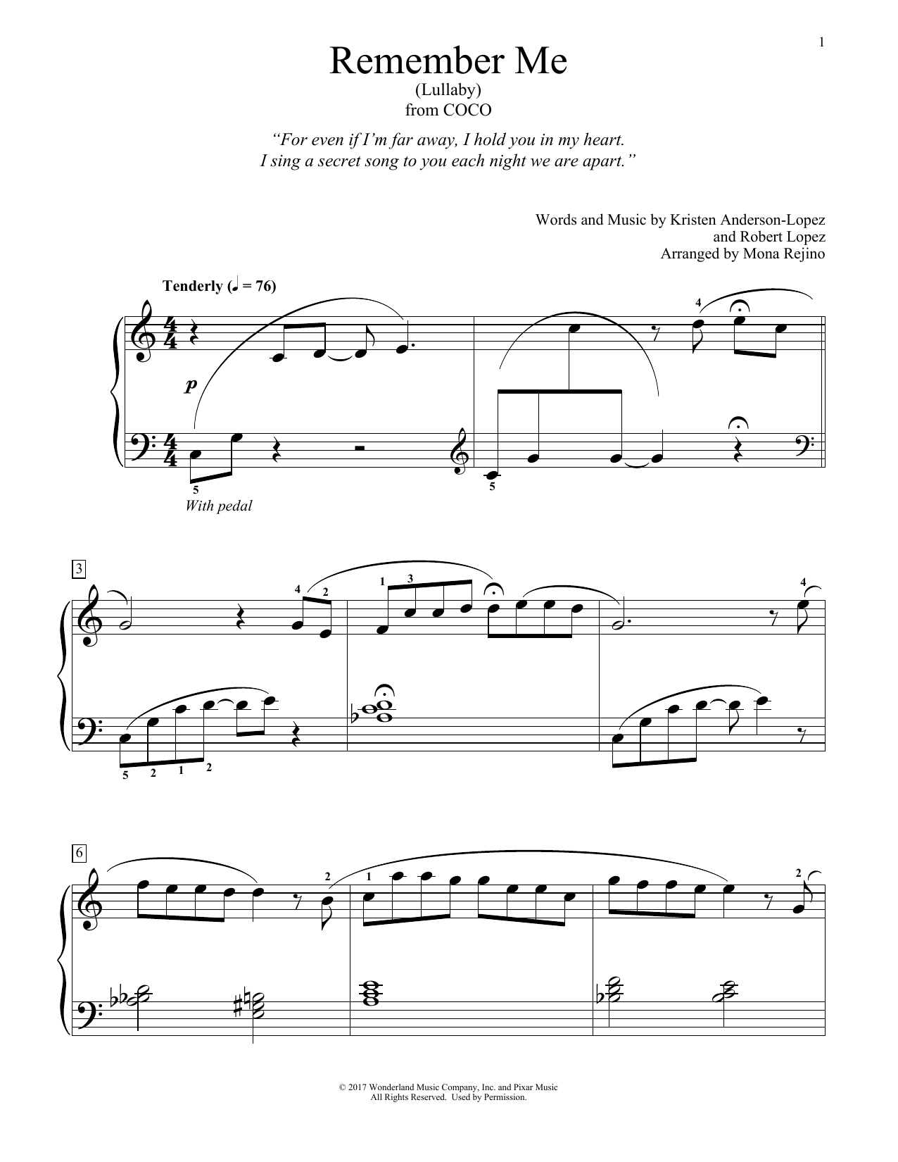 Download Kristen Anderson-Lopez & Robert Lopez Remember Me (Lullaby) (from Coco) (arr. Mona Rejino) Sheet Music and learn how to play Educational Piano PDF digital score in minutes