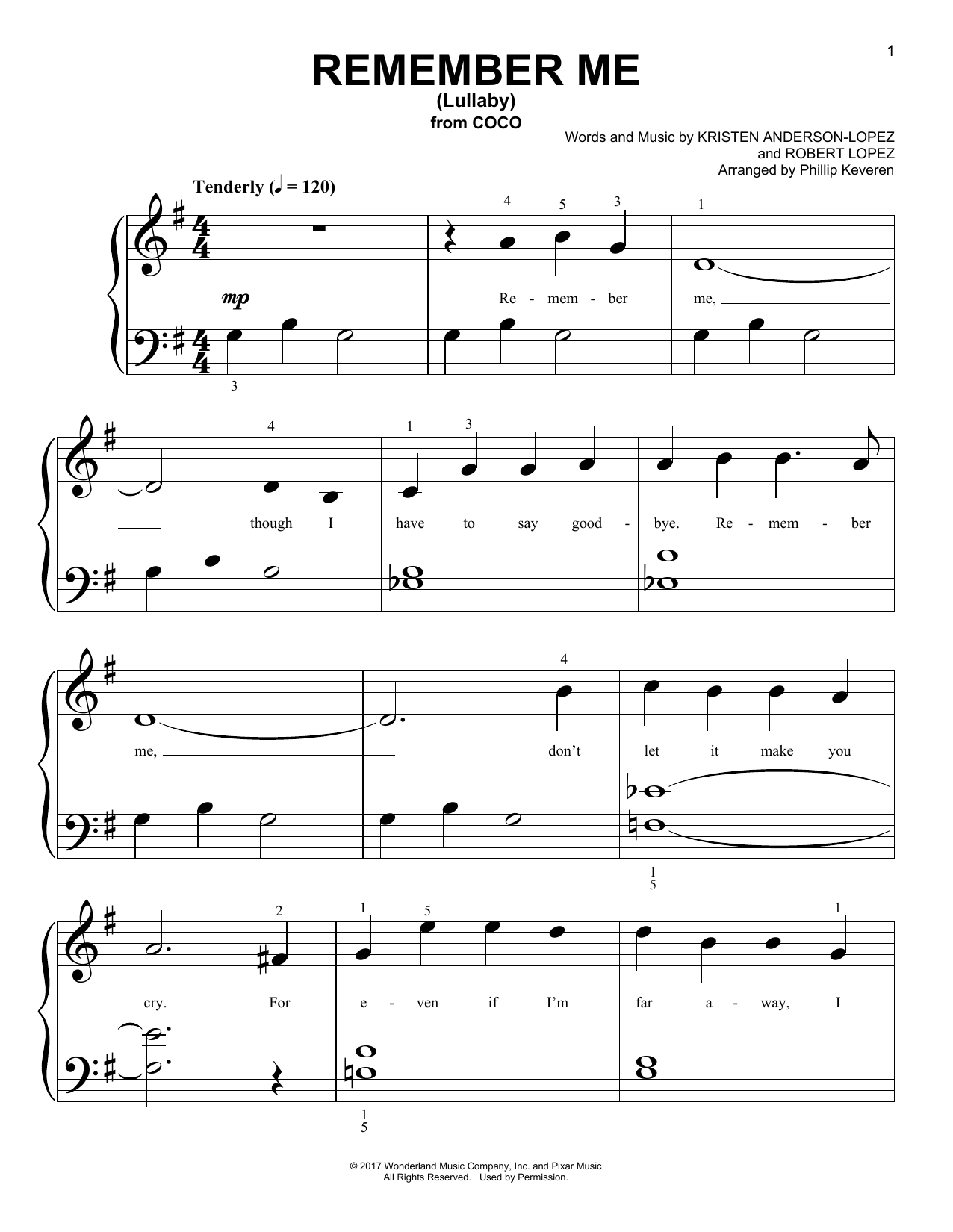 Download Kristen Anderson-Lopez & Robert Lopez Remember Me (Lullaby) (from Coco) (arr. Phillip Keveren) Sheet Music and learn how to play Big Note Piano PDF digital score in minutes