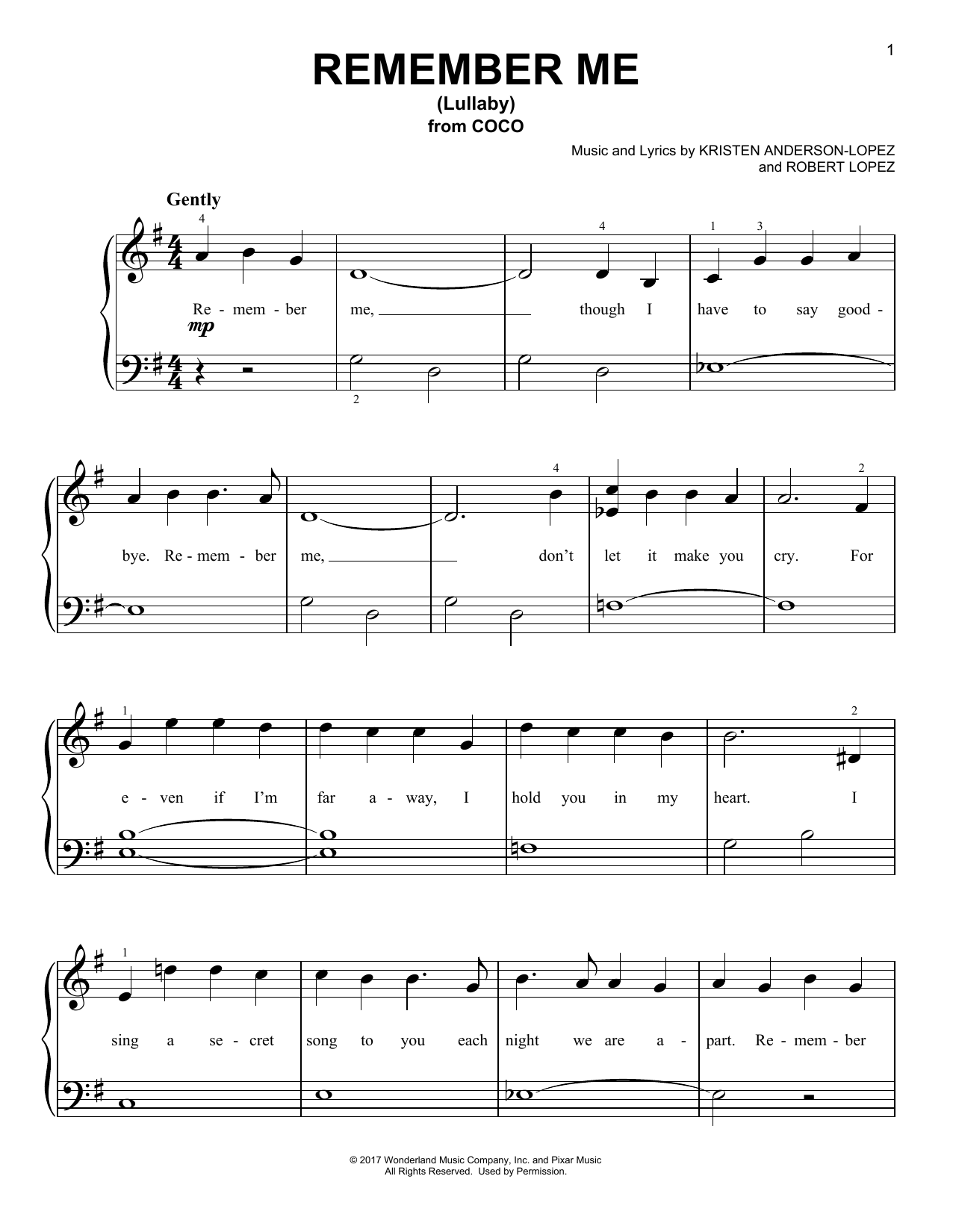 Download Kristen Anderson-Lopez & Robert Lopez Remember Me (Lullaby) (from Coco) Sheet Music and learn how to play Very Easy Piano PDF digital score in minutes