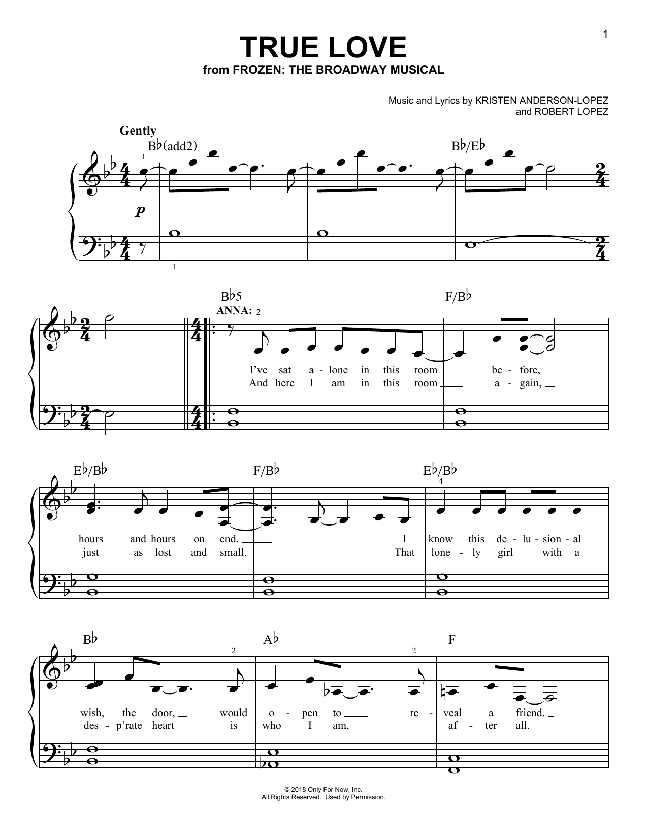 Download Kristen Anderson-Lopez & Robert Lopez True Love (from Frozen: The Broadway Musical) Sheet Music and learn how to play Easy Piano PDF digital score in minutes