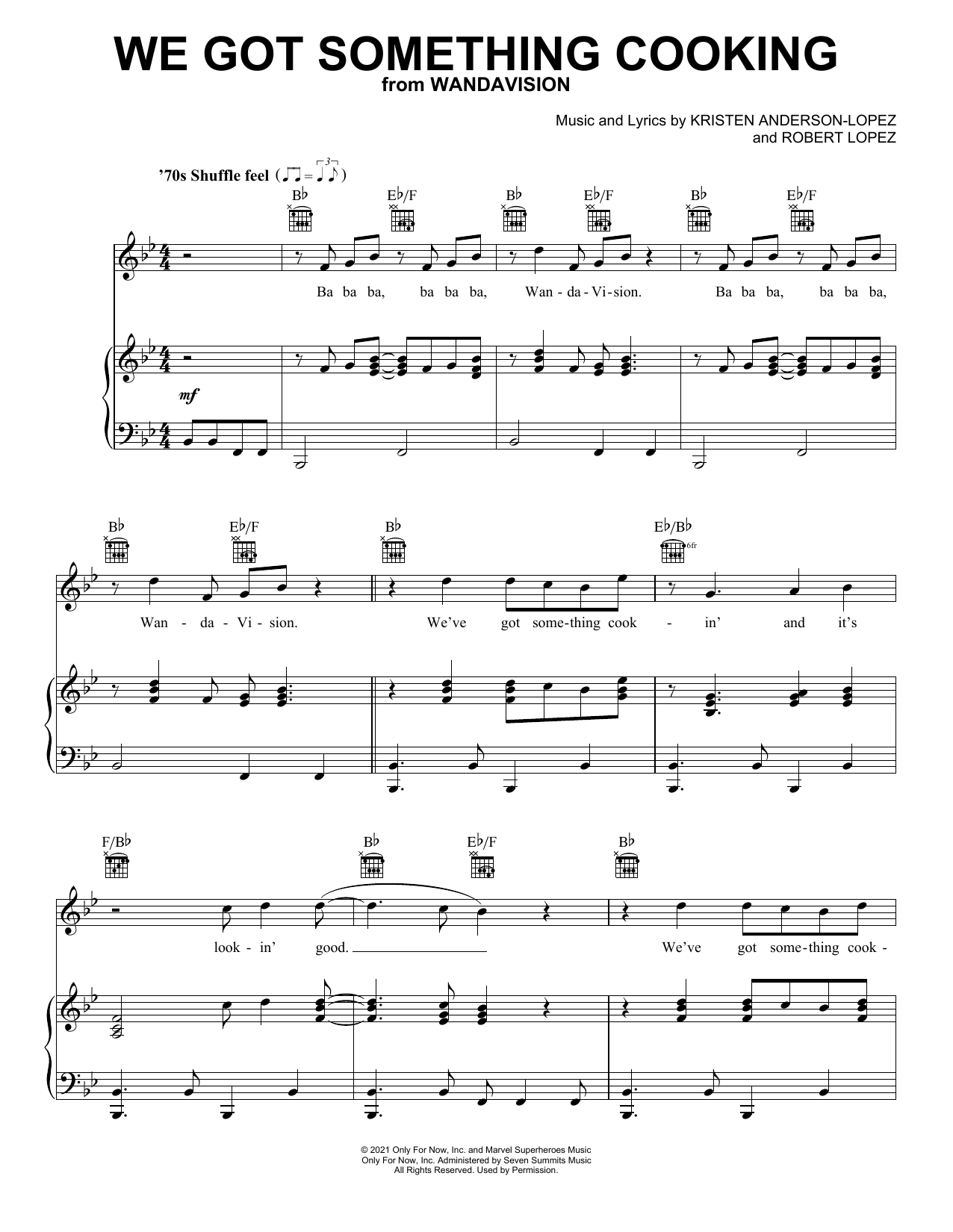 Download Kristen Anderson-Lopez & Robert Lopez We Got Something Cookin' (from WandaVision) Sheet Music and learn how to play Piano, Vocal & Guitar Chords (Right-Hand Melody) PDF digital score in minutes