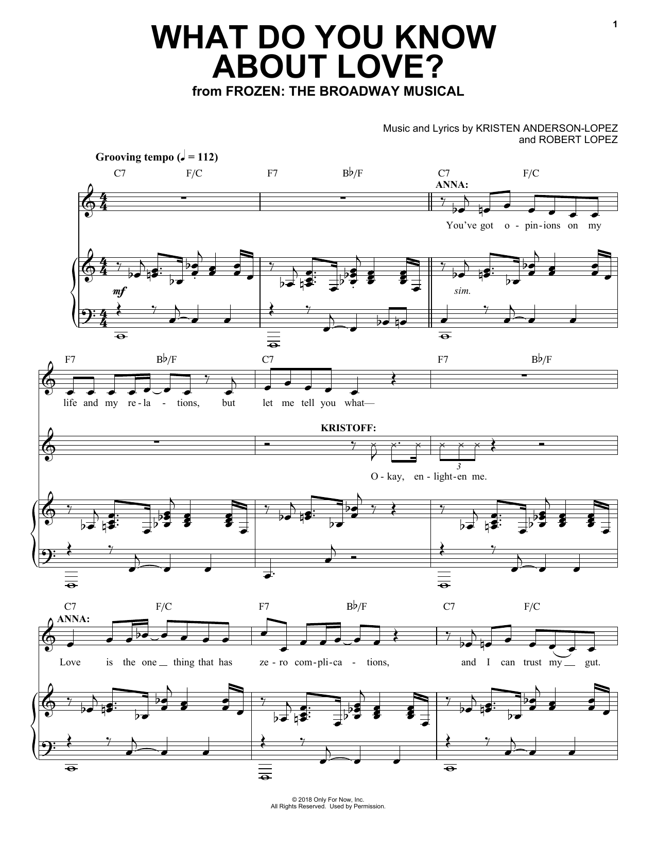 Download Kristen Anderson-Lopez & Robert Lopez What Do You Know About Love? (from Frozen: the Broadway Musical) Sheet Music and learn how to play Piano, Vocal & Guitar Chords (Right-Hand Melody) PDF digital score in minutes