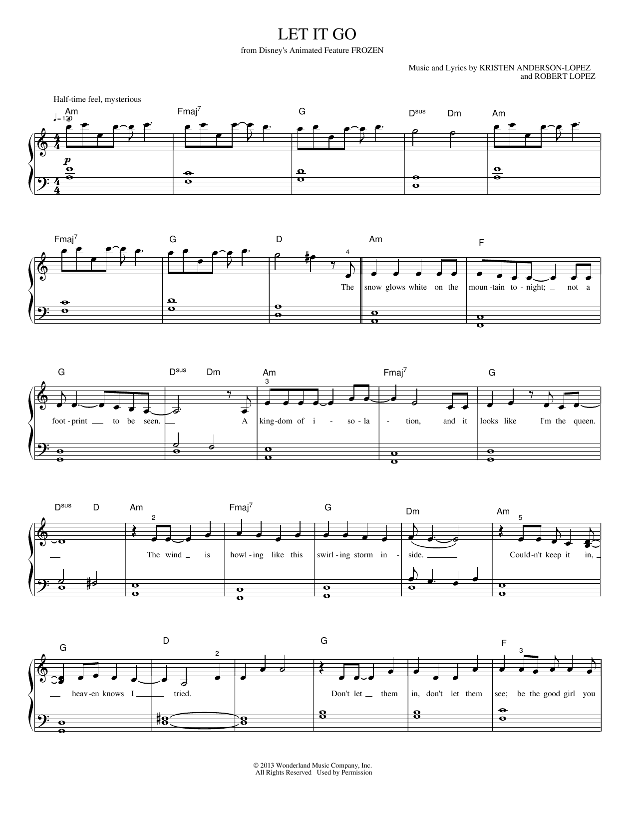 Download Kristen Anderson-Lopez Let It Go Sheet Music and learn how to play Piano, Vocal & Guitar Chords (Right-Hand Melody) PDF digital score in minutes