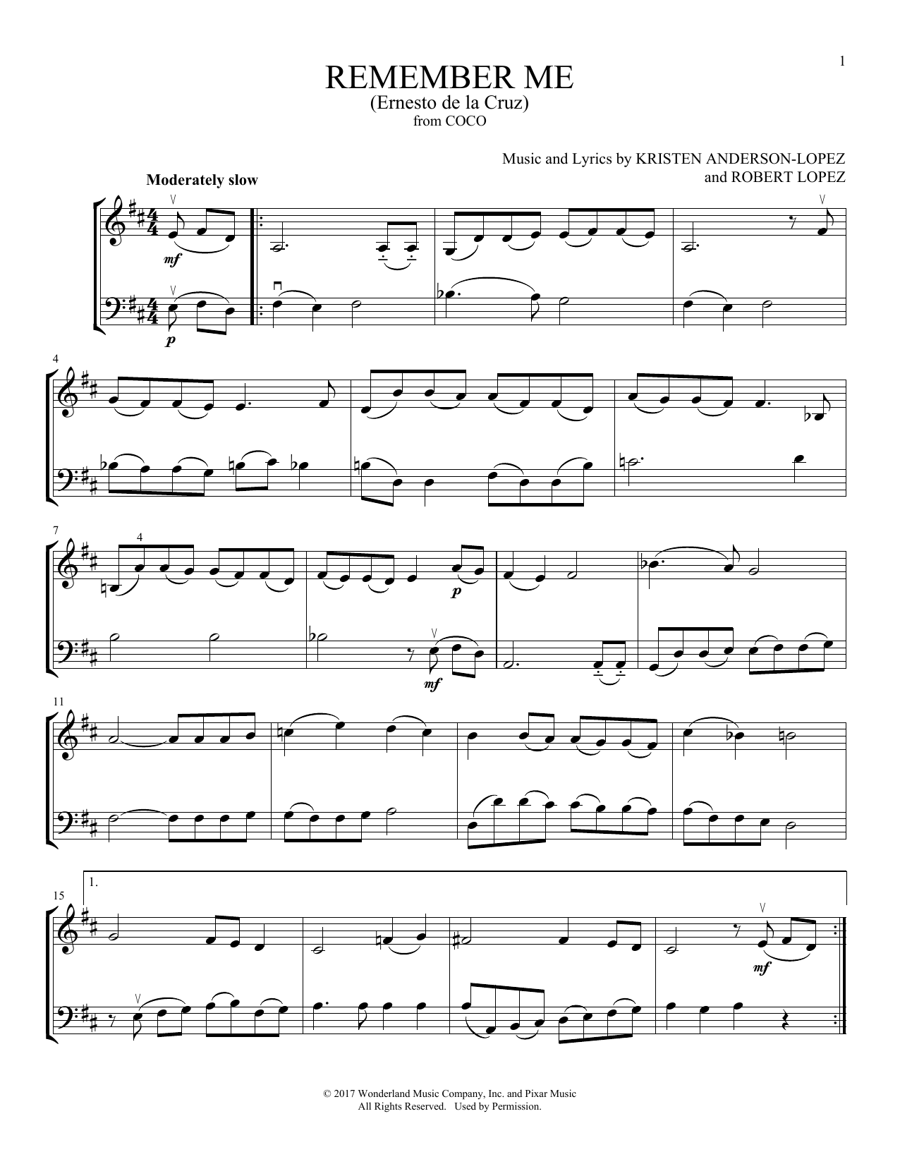 Download Kristen Anderson-Lopez Remember Me (Ernesto de la Cruz) (from Coco) (arr. Michelle Hynson) Sheet Music and learn how to play Instrumental Duet PDF digital score in minutes