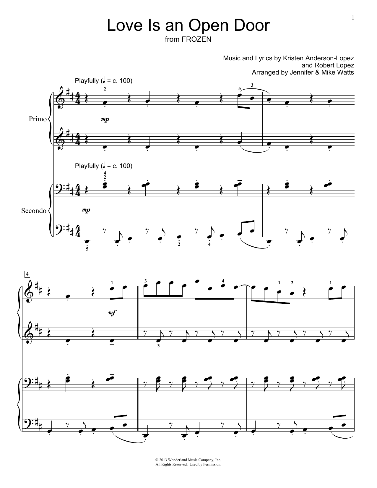 Download Jennifer and Mike Watts Love Is An Open Door Sheet Music and learn how to play Piano Duet PDF digital score in minutes