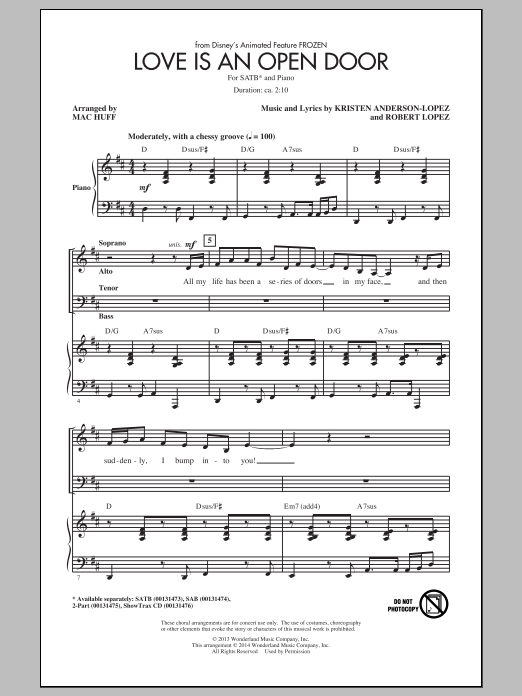 Download Robert Lopez Love Is An Open Door (arr. Mac Huff) Sheet Music and learn how to play SAB PDF digital score in minutes