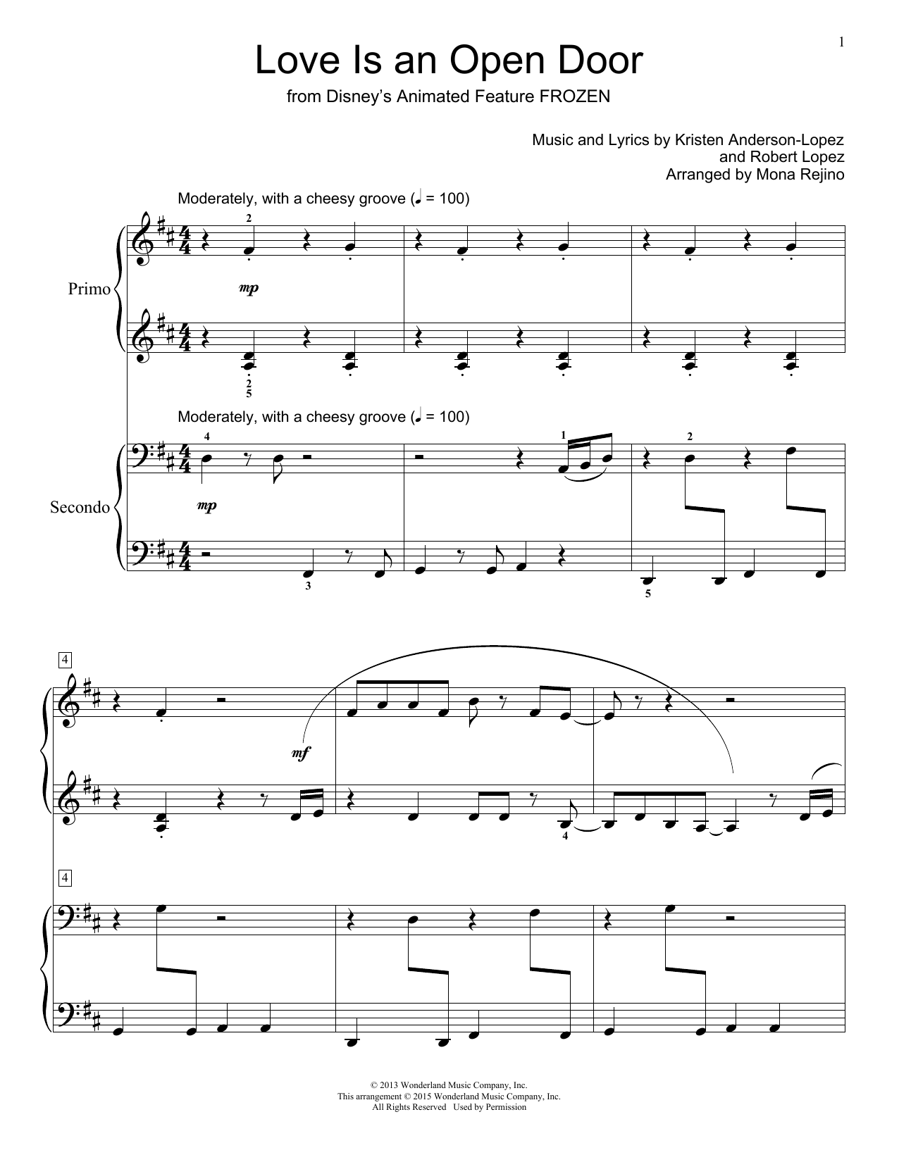 Download Robert Lopez Love Is An Open Door Sheet Music and learn how to play Piano Duet PDF digital score in minutes