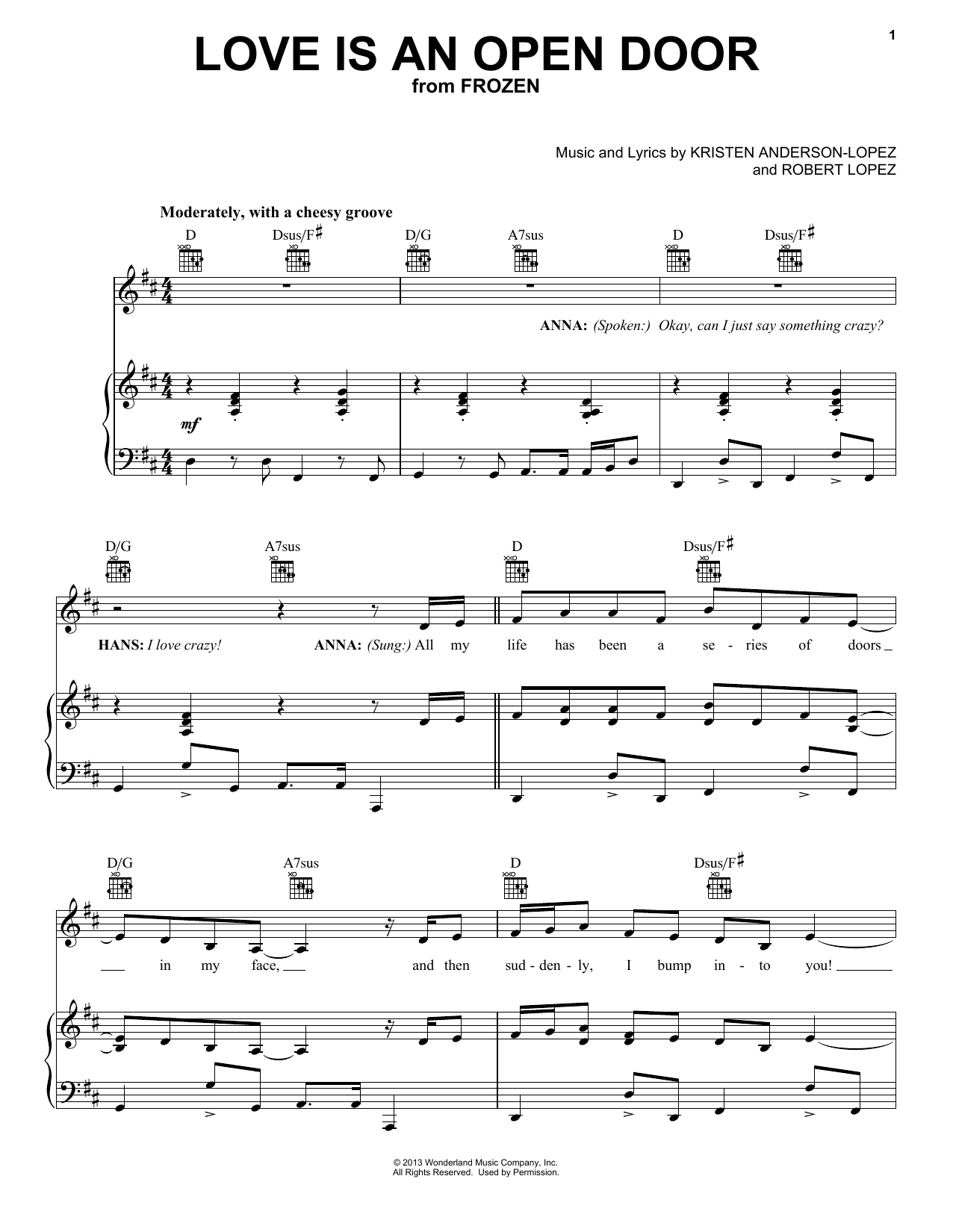 Download Kristen Bell & Santino Fontana Love Is An Open Door Sheet Music and learn how to play Cello PDF digital score in minutes