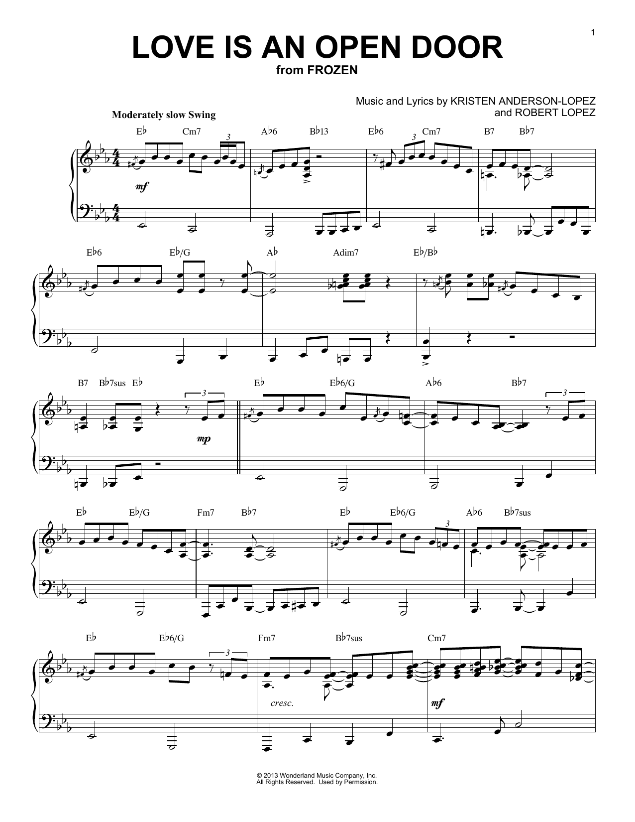 Download Kristen Bell & Santino Fontana Love Is An Open Door Sheet Music and learn how to play Piano PDF digital score in minutes