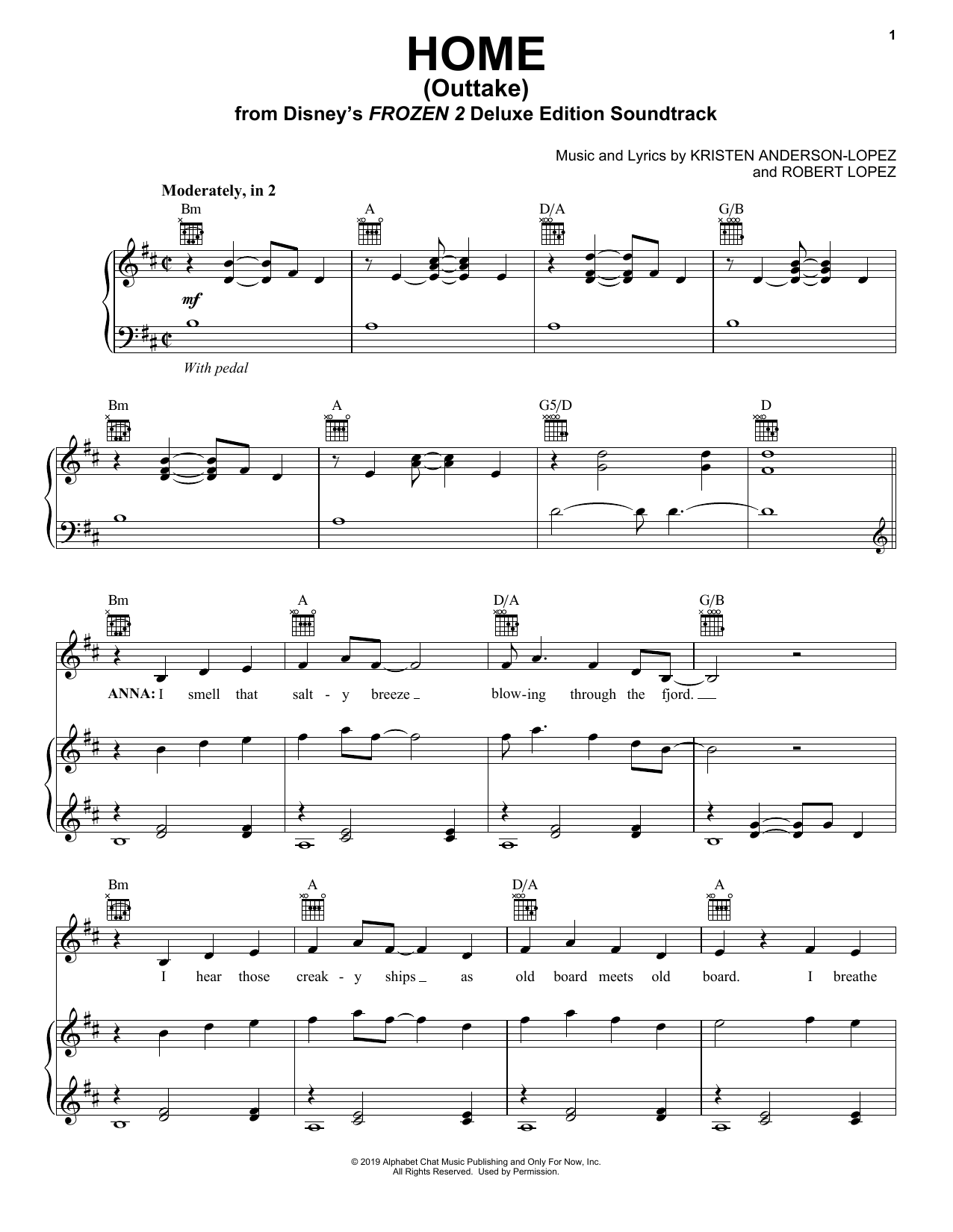 Download Kristen Bell Home - Outtake (from Disney's Frozen 2) Sheet Music and learn how to play Piano, Vocal & Guitar Chords (Right-Hand Melody) PDF digital score in minutes