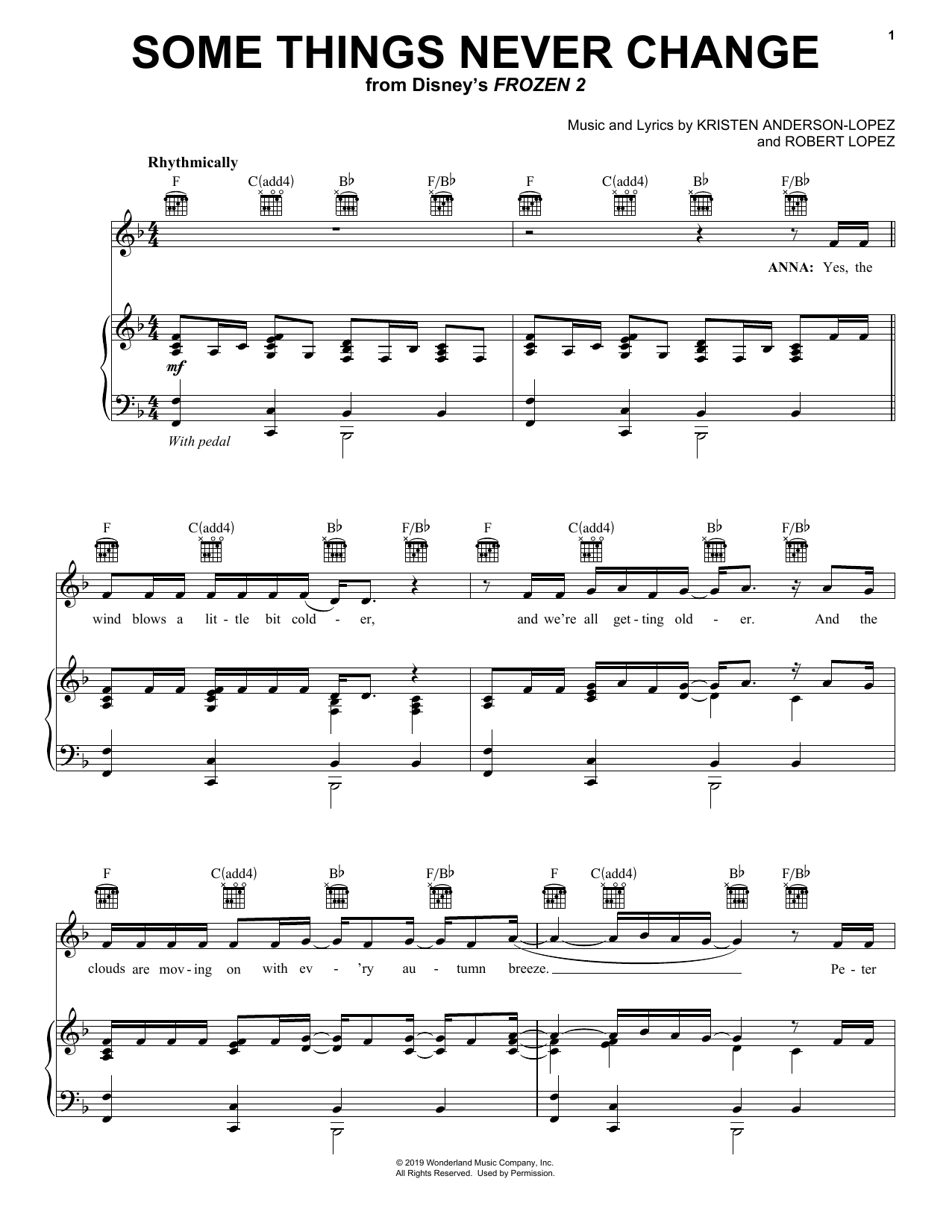 Download Kristen Bell, Idina Menzel and Cast of Frozen 2 Some Things Never Change (from Disney's Frozen 2) Sheet Music and learn how to play Easy Piano PDF digital score in minutes
