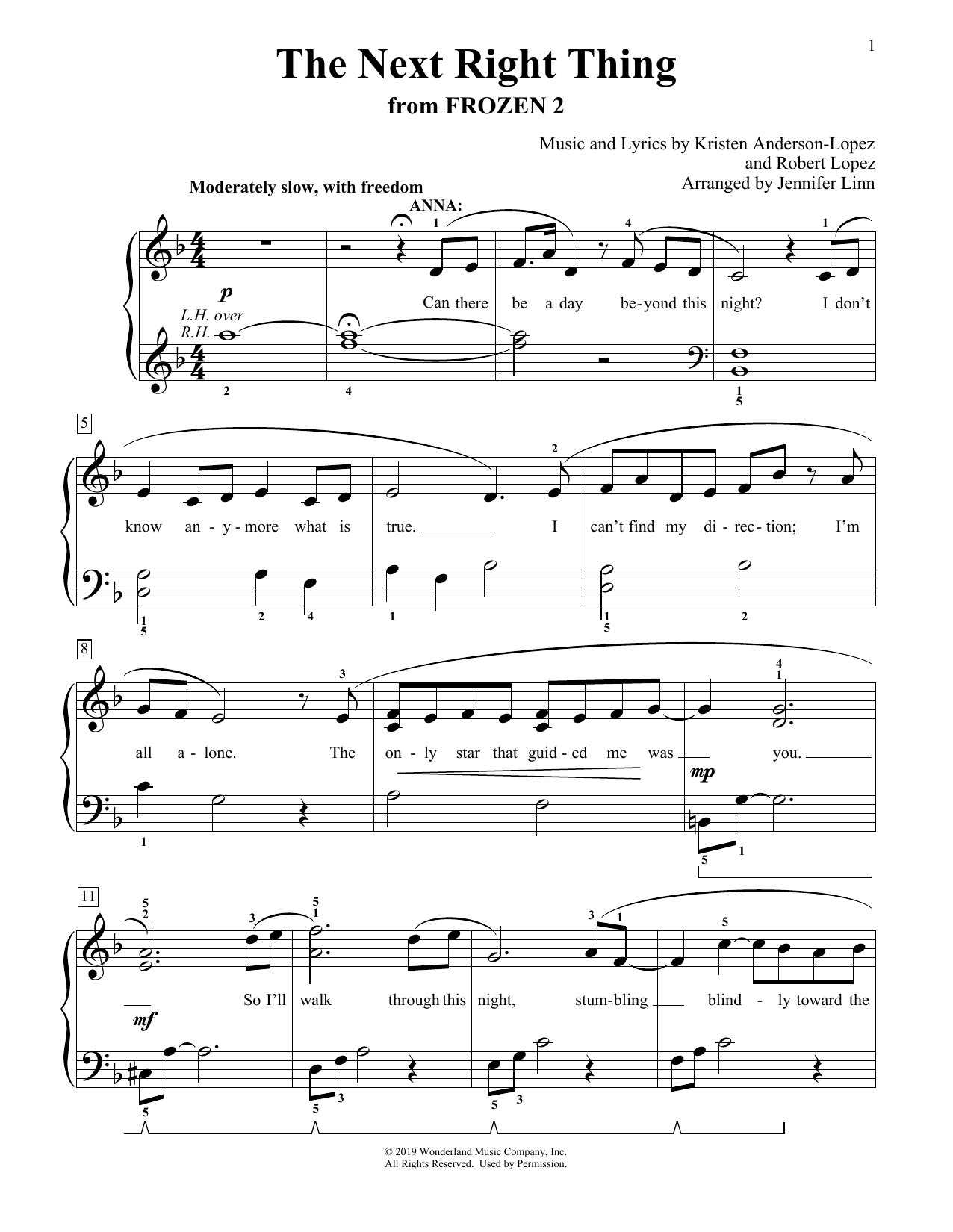 Download Kristen Bell The Next Right Thing (from Disney's Frozen 2) (arr. Jennifer Linn) Sheet Music and learn how to play Educational Piano PDF digital score in minutes