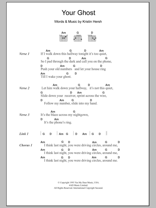 Download Kristin Hersh Your Ghost Sheet Music and learn how to play Lyrics & Chords PDF digital score in minutes