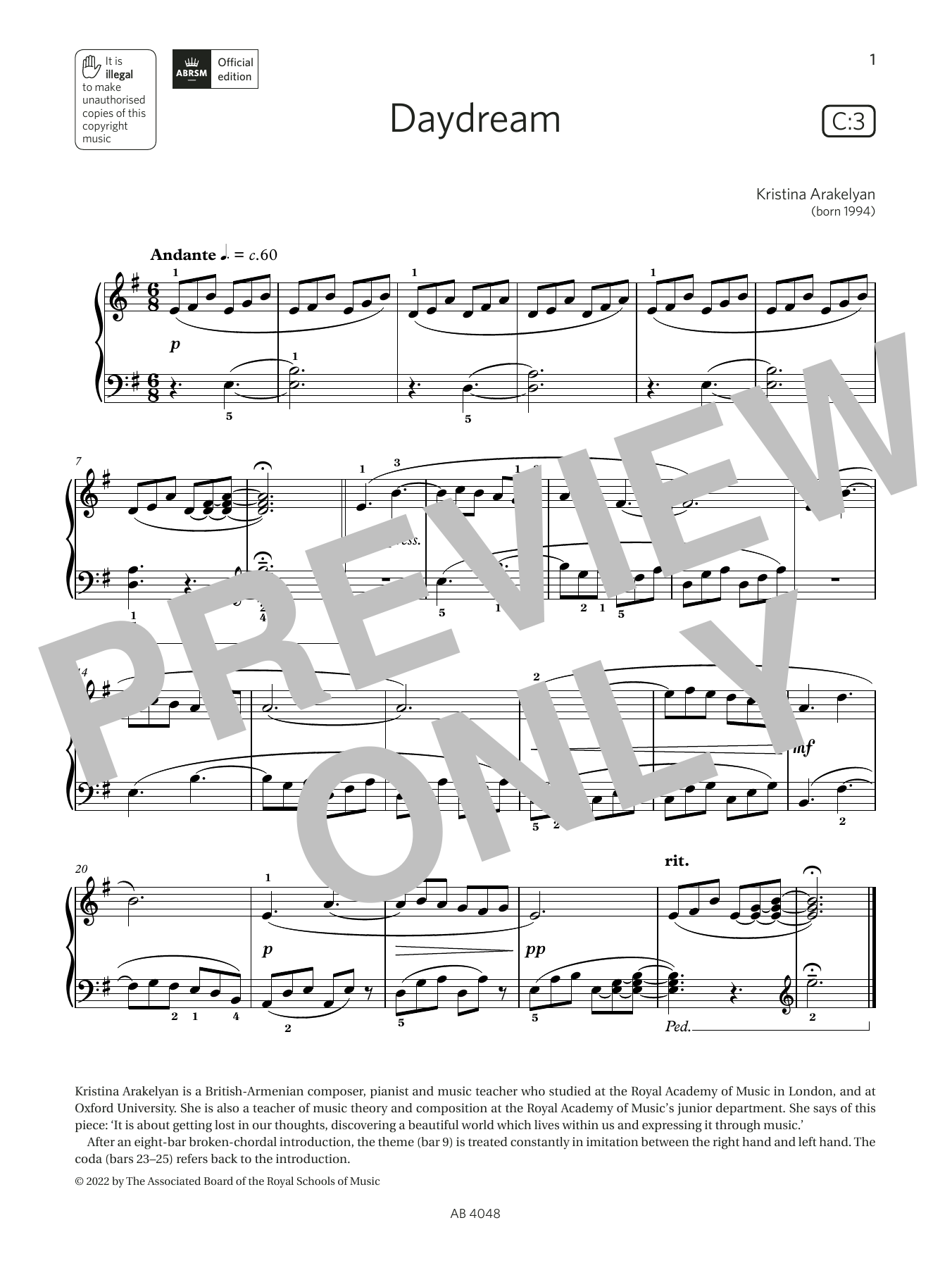Download Kristina Arakelyan Daydream (Grade 2, list C3, from the ABRSM Piano Syllabus 2023 & 2024) Sheet Music and learn how to play Piano Solo PDF digital score in minutes