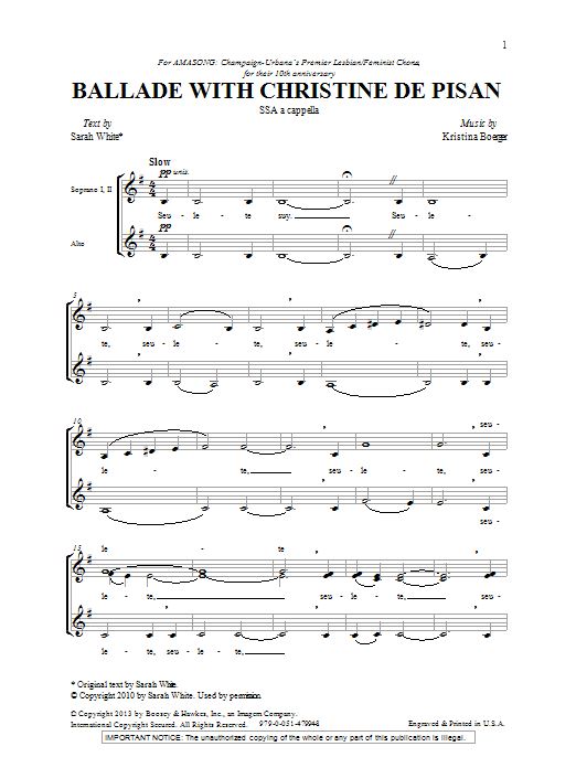 Download Kristina Boerger Ballade With Christine De Pisan Sheet Music and learn how to play SSA PDF digital score in minutes