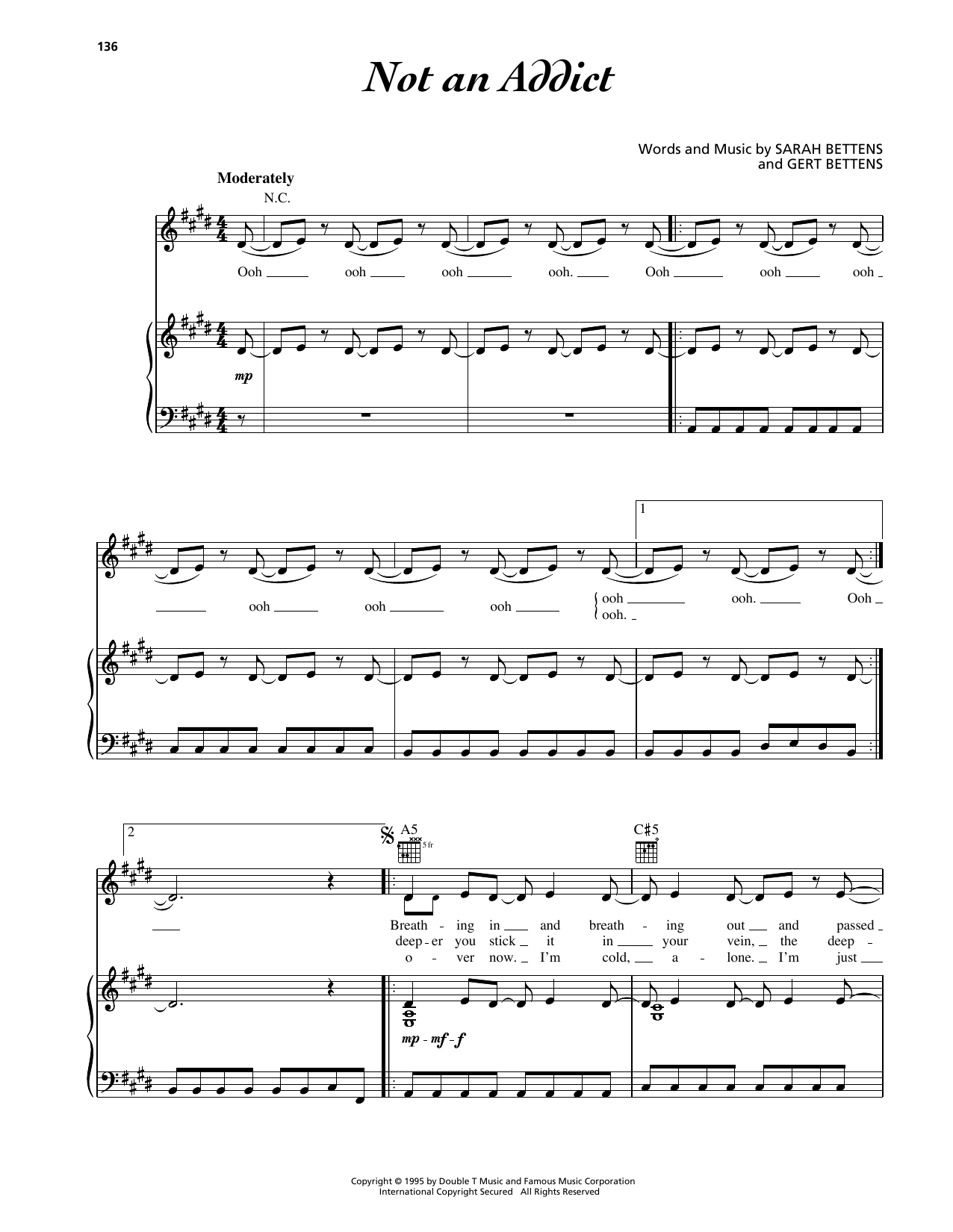 Download K'S Choice Not An Addict Sheet Music and learn how to play Piano, Vocal & Guitar Chords (Right-Hand Melody) PDF digital score in minutes