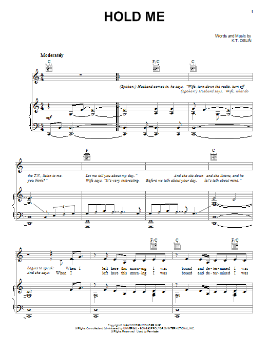 Download K.T. Oslin Hold Me Sheet Music and learn how to play Piano, Vocal & Guitar (Right-Hand Melody) PDF digital score in minutes