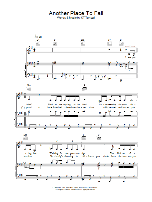 Download KT Tunstall Another Place To Fall Sheet Music and learn how to play Piano, Vocal & Guitar (Right-Hand Melody) PDF digital score in minutes