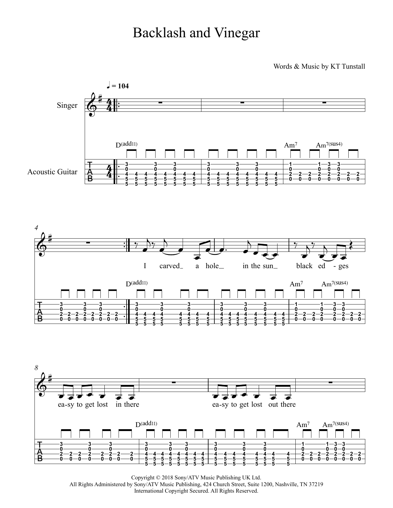 Download KT Tunstall Backlash & Vinegar Sheet Music and learn how to play Solo Guitar PDF digital score in minutes