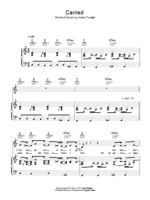 Download KT Tunstall Carried Sheet Music and learn how to play Piano, Vocal & Guitar (Right-Hand Melody) PDF digital score in minutes