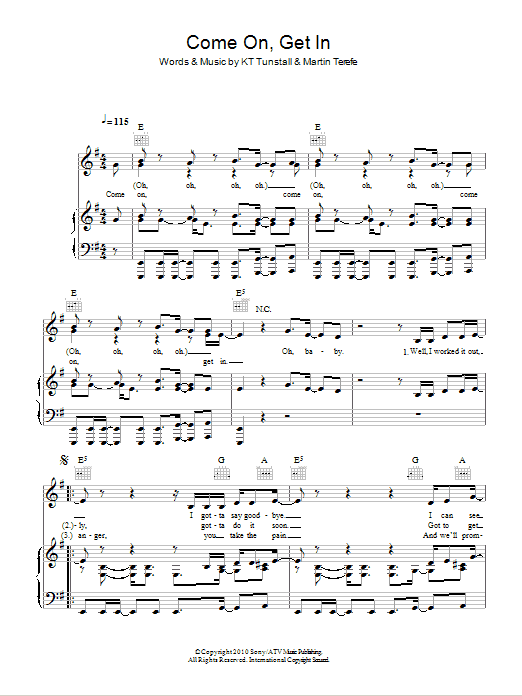 Download KT Tunstall Come On, Get In Sheet Music and learn how to play Piano, Vocal & Guitar (Right-Hand Melody) PDF digital score in minutes