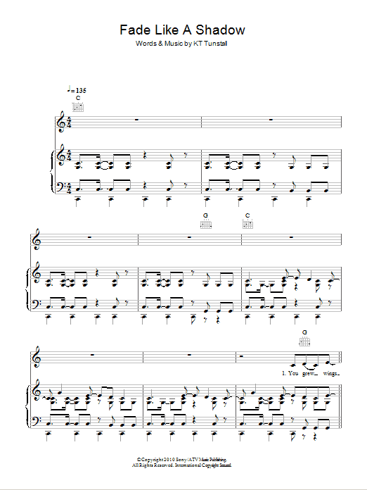 Download KT Tunstall Fade Like A Shadow Sheet Music and learn how to play Piano, Vocal & Guitar (Right-Hand Melody) PDF digital score in minutes