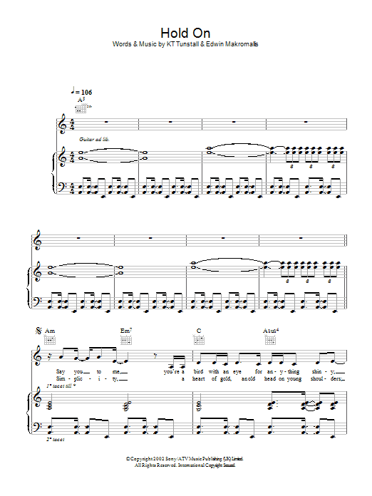 Download KT Tunstall Hold On Sheet Music and learn how to play Melody Line, Lyrics & Chords PDF digital score in minutes