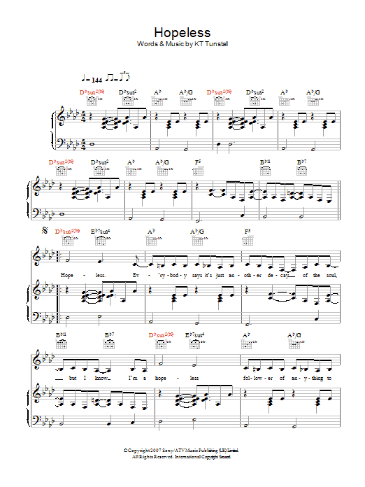 Download KT Tunstall Hopeless Sheet Music and learn how to play Piano, Vocal & Guitar PDF digital score in minutes