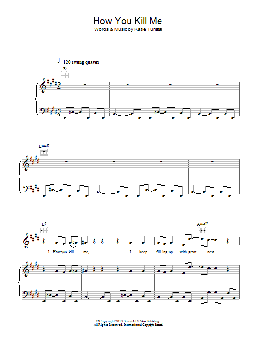 Download KT Tunstall How You Kill Me Sheet Music and learn how to play Piano, Vocal & Guitar (Right-Hand Melody) PDF digital score in minutes