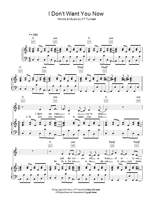 Download KT Tunstall I Don't Want You Now Sheet Music and learn how to play Piano, Vocal & Guitar PDF digital score in minutes