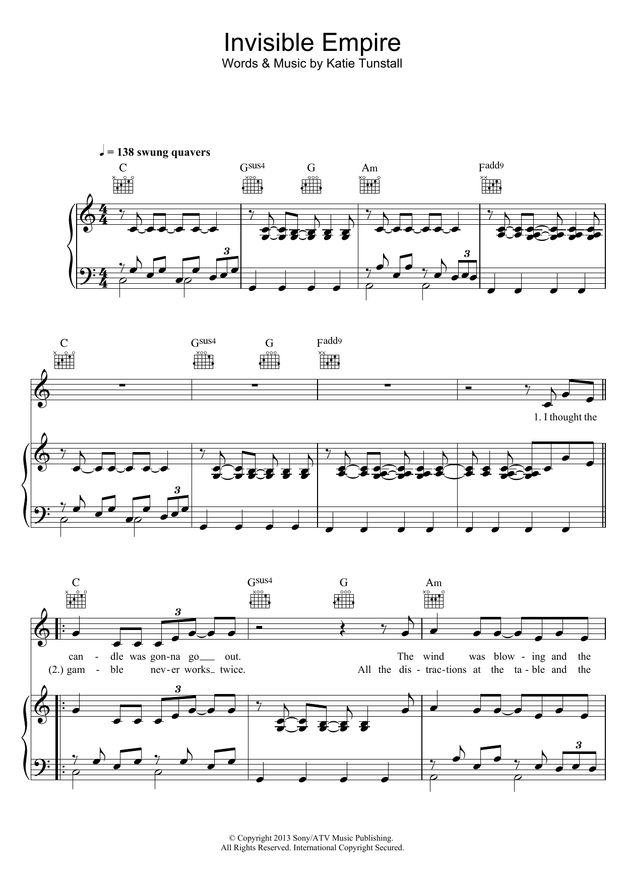 Download KT Tunstall Invisible Empire Sheet Music and learn how to play Piano, Vocal & Guitar (Right-Hand Melody) PDF digital score in minutes