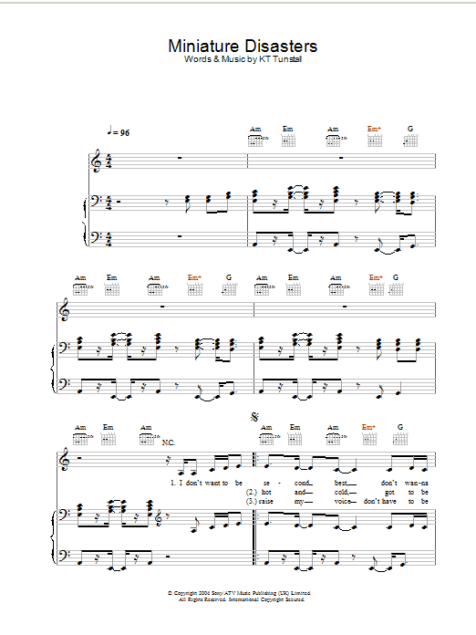 Download KT Tunstall Miniature Disasters Sheet Music and learn how to play Piano, Vocal & Guitar (Right-Hand Melody) PDF digital score in minutes