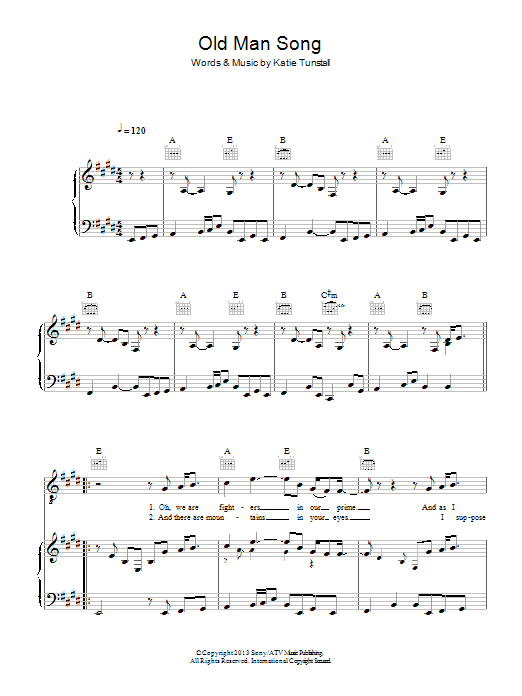 Download KT Tunstall Old Man Song Sheet Music and learn how to play Piano, Vocal & Guitar (Right-Hand Melody) PDF digital score in minutes