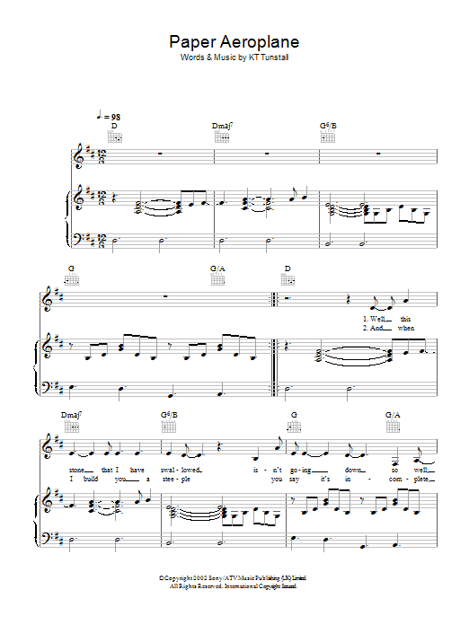 Download KT Tunstall Paper Aeroplane Sheet Music and learn how to play Piano, Vocal & Guitar PDF digital score in minutes