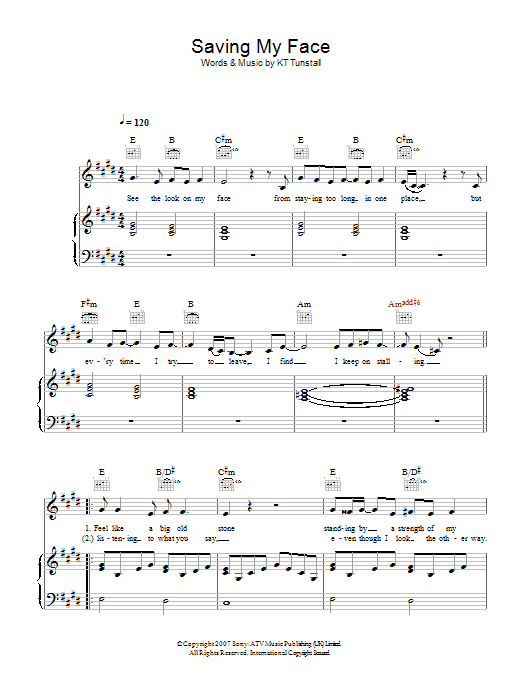 Download KT Tunstall Saving My Face Sheet Music and learn how to play Piano, Vocal & Guitar PDF digital score in minutes