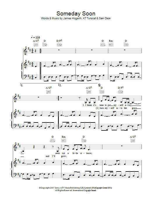 Download KT Tunstall Someday Soon Sheet Music and learn how to play Piano, Vocal & Guitar PDF digital score in minutes