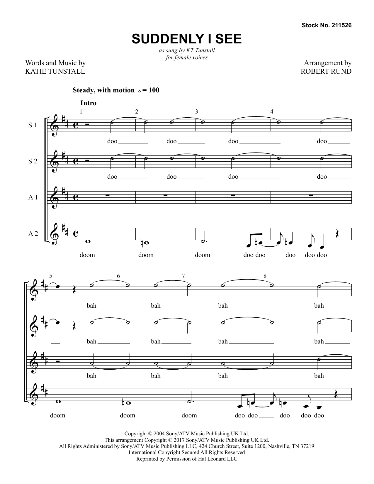 Download KT Tunstall Suddenly I See (arr. Robert Rund) Sheet Music and learn how to play SSAA Choir PDF digital score in minutes