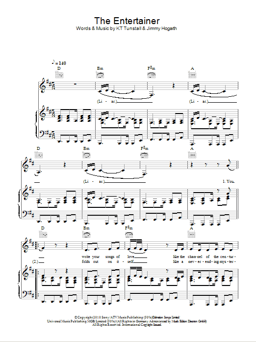 Download KT Tunstall The Entertainer Sheet Music and learn how to play Piano, Vocal & Guitar (Right-Hand Melody) PDF digital score in minutes