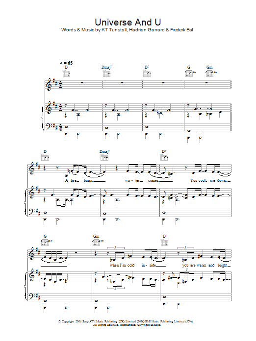 Download KT Tunstall Universe & U Sheet Music and learn how to play Piano, Vocal & Guitar (Right-Hand Melody) PDF digital score in minutes