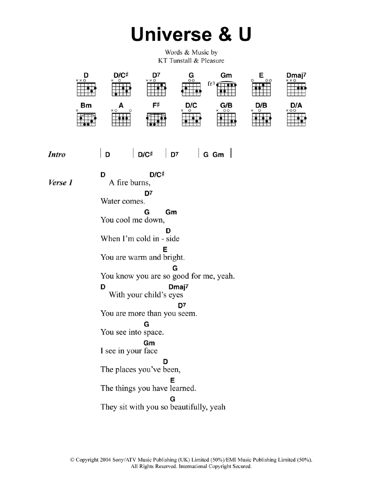 Download KT Tunstall Universe & U Sheet Music and learn how to play Lyrics & Chords PDF digital score in minutes