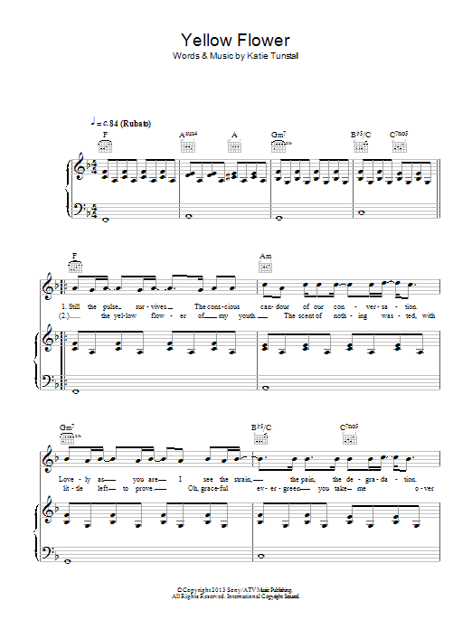 Download KT Tunstall Yellow Flower Sheet Music and learn how to play Piano, Vocal & Guitar (Right-Hand Melody) PDF digital score in minutes