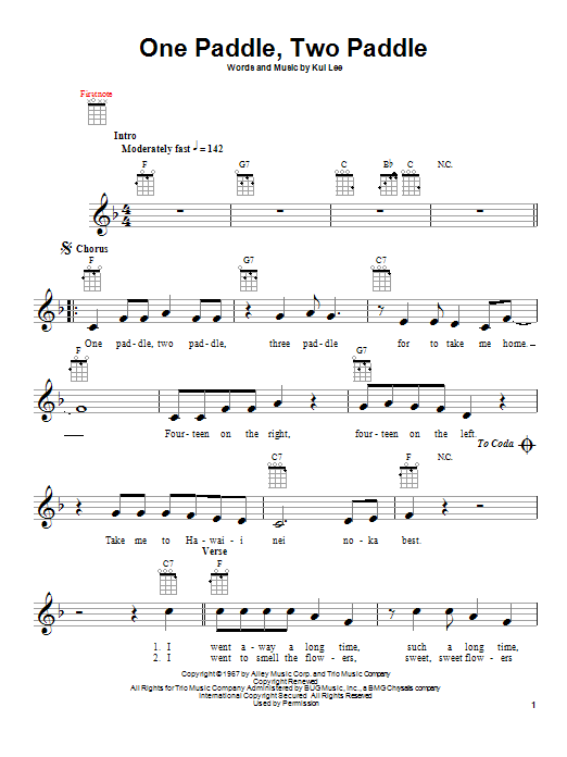 Download Kui Lee One Paddle, Two Paddle Sheet Music and learn how to play Ukulele Ensemble PDF digital score in minutes