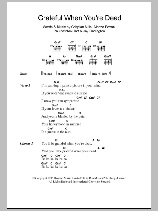 Download Kula Shaker Grateful When You're Dead/Jerry Was There Sheet Music and learn how to play Lyrics & Chords PDF digital score in minutes