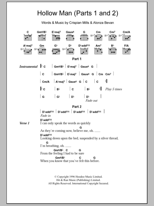 Download Kula Shaker Hollow Man (Parts 1 and 2) Sheet Music and learn how to play Lyrics & Chords PDF digital score in minutes